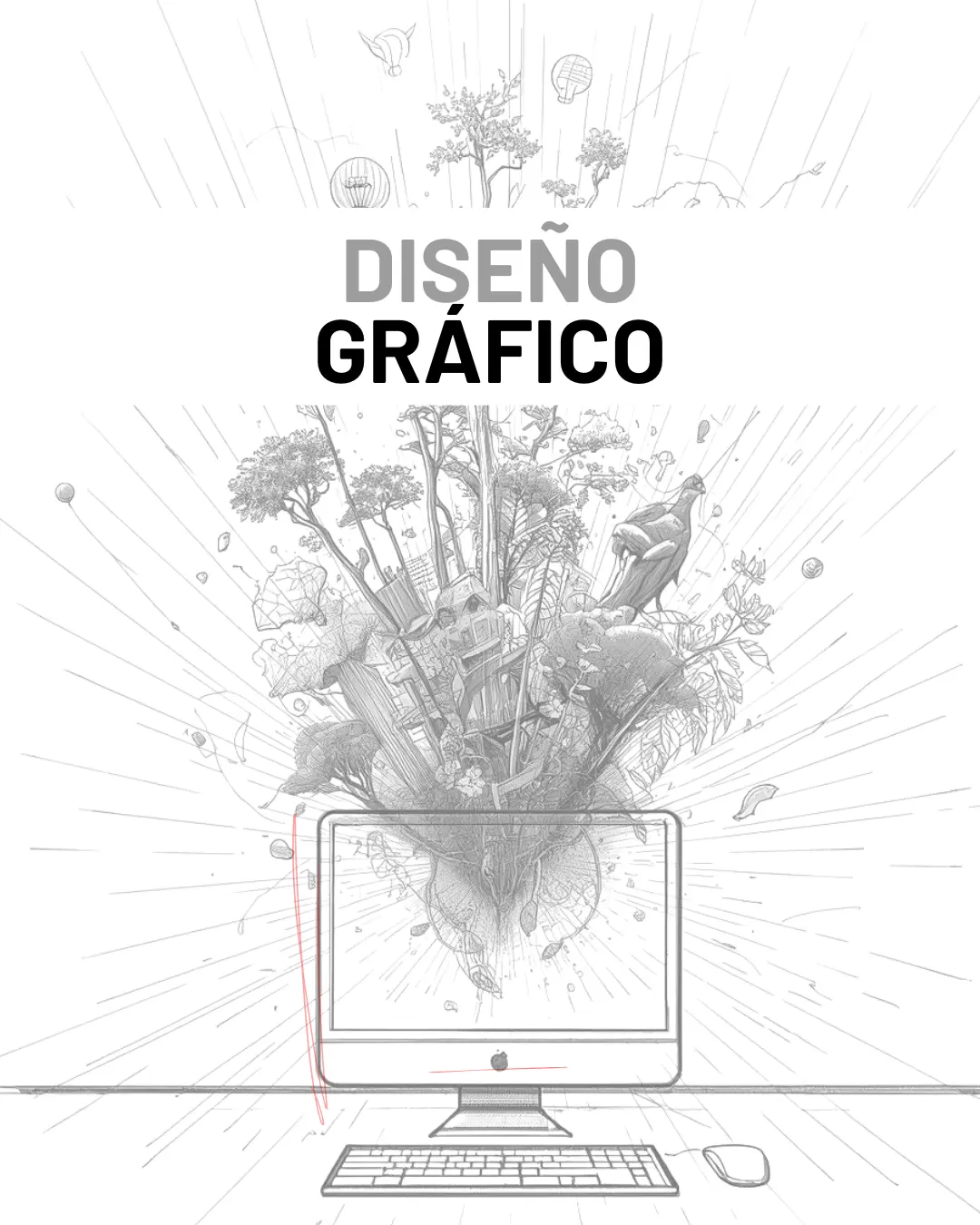 Boceto conceptual de un ordenador de donde salen imagen ilustradas de naturaleza. Sirve para explicar los servicios de diseño gráfico de la agencia.