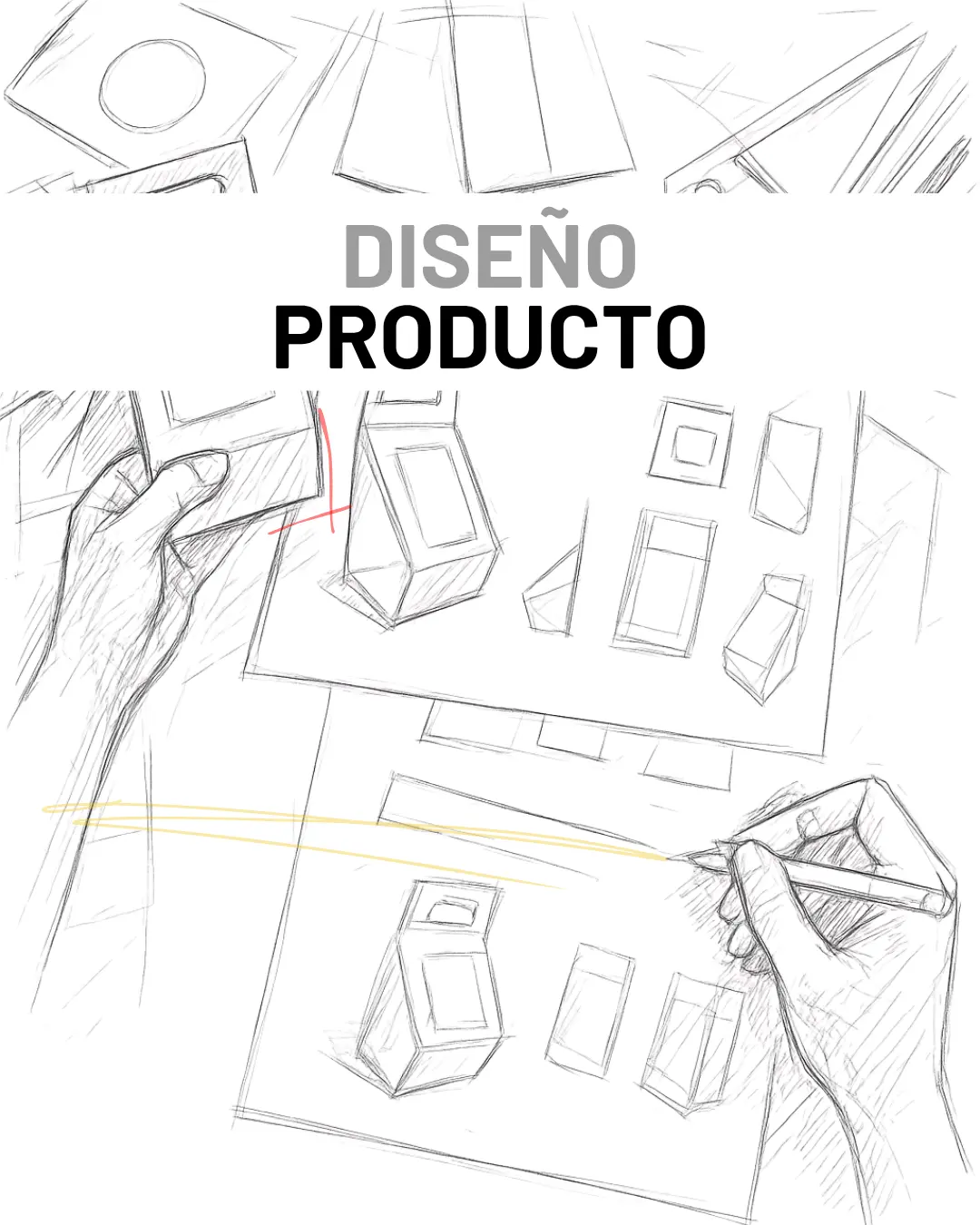 Boceto de unas manos dibujando y diseñando un producto PLV de publicidad.