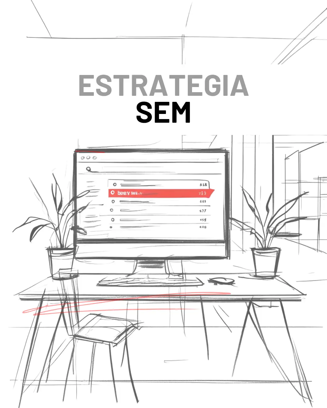 Imagen donde se ve el boceto de una oficina con un ordenador y en la pantalla un ranking de posicionamiento y en rojo el de arriba. Ofreciendo servicios de SEM