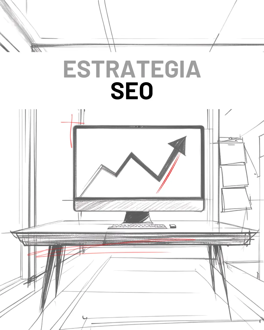 Imagen donde se ve el boceto de una oficina con un ordenador y en la pantalla una flecha de gráfico en subida. Ofreciendo servicios de SEO