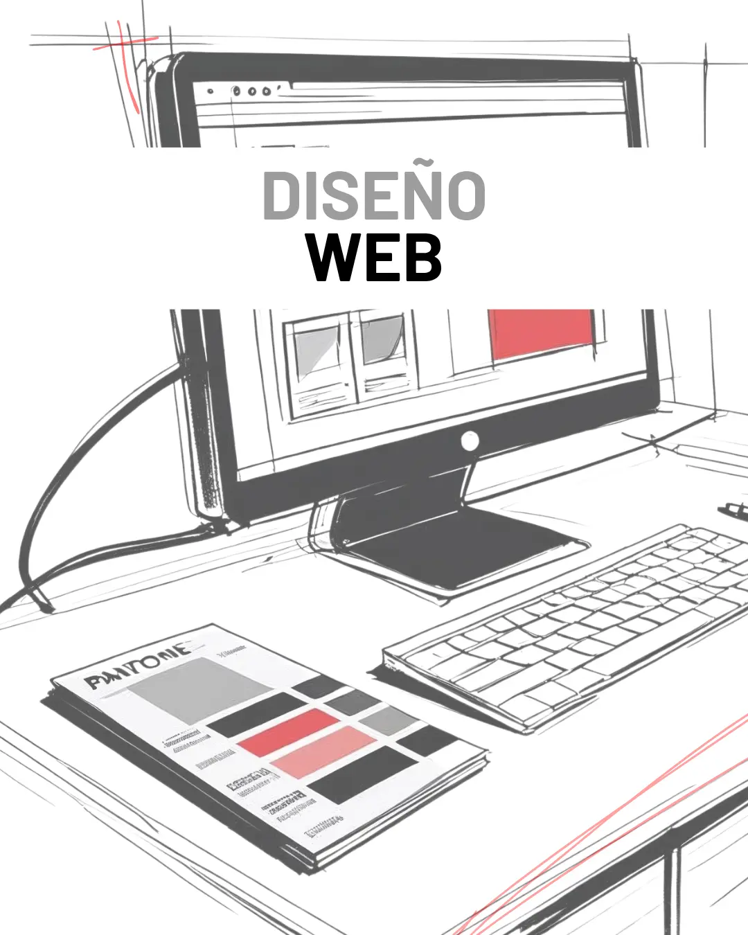 Imagen donde se ve el boceto de un escritorio con una pantalla y una guia pantone en la mesa. Con el diseño en rojo recordando a NOT MY TEMPO