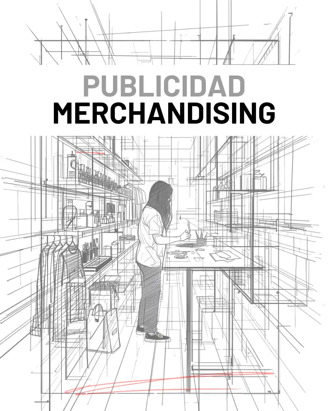 Boceto de una tienda donde una chica esta diseñando merchandising personalizado. Incluye el texto PUBLICIDAD MERCHANDISING como servicios que ofrece la agencia