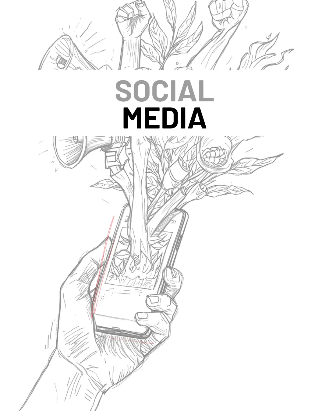imagen donde se ve el boceto de un móvil donde de la pantalla salen altavoces, puños y plantas. Habla de agencia de redes sociales ética que es NOT MY TEMPO